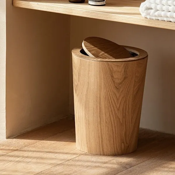 New Träavfallskorg med svänglock Rund soptunna Köksavfallskorg för hotell Träavfallskorg