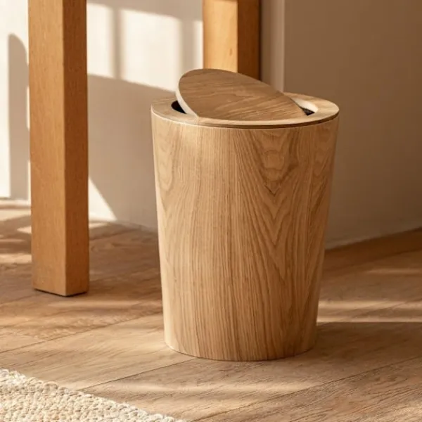 New Träavfallskorg med svänglock Rund soptunna Köksavfallskorg för hotell Träavfallskorg