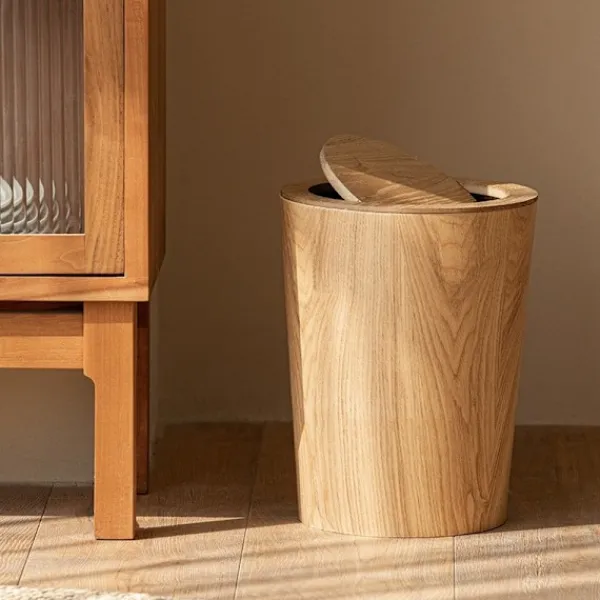 New Träavfallskorg med svänglock Rund soptunna Köksavfallskorg för hotell Träavfallskorg