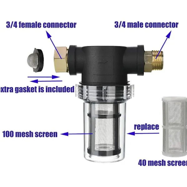 Trädgårdsslangfilter för högtryckstvättens vatteninlopp, sedimentfilter, 40 mesh sil, extra 100 mesh