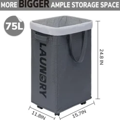 Discount Tvätthållare med hjul, 75L hopfällbar stor tvättkorg, tvättvagn med avtagbar tvättpåse för tvättstuga