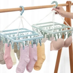 Online Tvätthängare med 32 klämmor Vikbar tvätt Klädnypa Torkställ för strumpor Underkläder BH:ar ScarfBlå