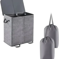 Hot Tvättkorg med 2 fack - tvättsorterare - Tvättkorg med lock - avtagbar tvättsäck - 2 fack - hopfällbar design - lämplig...