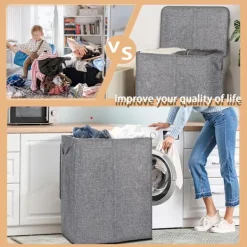 Hot Tvättkorg med 2 fack - tvättsorterare - Tvättkorg med lock - avtagbar tvättsäck - 2 fack - hopfällbar design - lämplig...