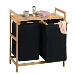 Hot AC-DÉCO Tvättkorg med 2 fack i tyg och bambu - - H 73 x B 64 cm Svart/Beige