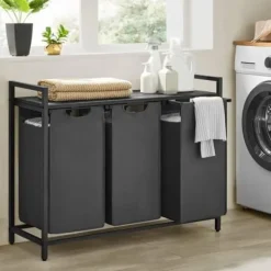 Clearance Vasagle Tvättkorg med 3 fack och hylla - Svart/Grå