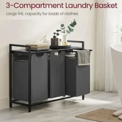 Clearance Vasagle Tvättkorg med 3 fack och hylla - Svart/Grå