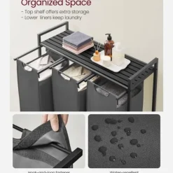 Clearance Vasagle Tvättkorg med 3 fack och hylla - Svart/Grå