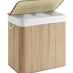 Sale Tvättkorg med 3 sektioner, lock på locket och handtag, 150L hopfällbar, för tvättstuga, sovrum, badrum, natur