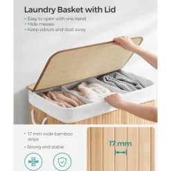 Sale Tvättkorg med 3 sektioner, lock på locket och handtag, 150L hopfällbar, för tvättstuga, sovrum, badrum, natur