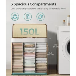 Sale Tvättkorg med 3 sektioner, lock på locket och handtag, 150L hopfällbar, för tvättstuga, sovrum, badrum, natur