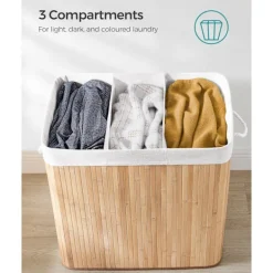 Sale Tvättkorg med 3 sektioner, lock på locket och handtag, 150L hopfällbar, för tvättstuga, sovrum, badrum, natur