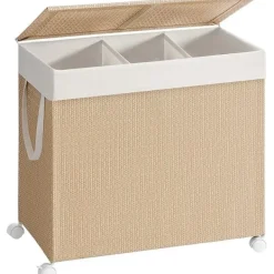 Online Pavil Tvättkorg med 3 sektioner, stor 140 l, med hjul, naturbeige och mattvit