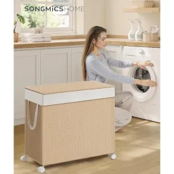 Online Pavil Tvättkorg med 3 sektioner, stor 140 l, med hjul, naturbeige och mattvit