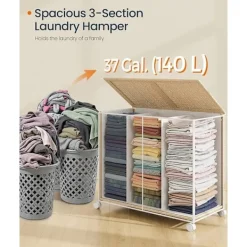 Online Pavil Tvättkorg med 3 sektioner, stor 140 l, med hjul, naturbeige och mattvit