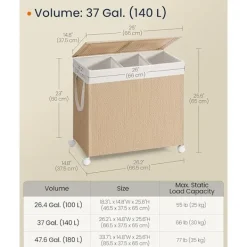 Online Pavil Tvättkorg med 3 sektioner, stor 140 l, med hjul, naturbeige och mattvit
