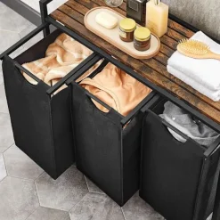 Outlet Vasagle Tvättkorg med 3 utdragbara fack och hylla i trä - Svart