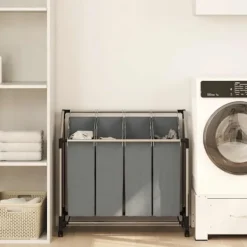 New vidaXL Tvättkorg med hjul 4 fack grå
