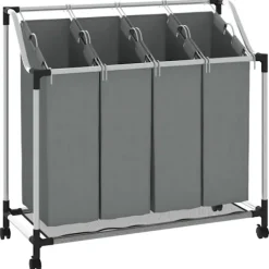 New vidaXL Tvättkorg med hjul 4 fack grå