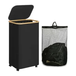 BEBETTER Tvättkorg med hjul, smal tvättkorg med lock, svart