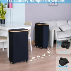 BEBETTER Tvättkorg med hjul, smal tvättkorg med lock, svart