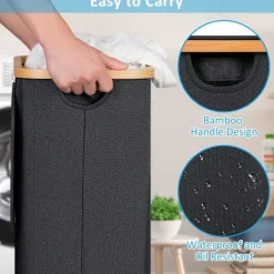 BEBETTER Tvättkorg med hjul, smal tvättkorg med lock, svart