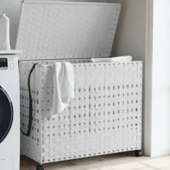 Hot vidaXL Tvättkorg med hjul vit 66x35x60 cm rotting