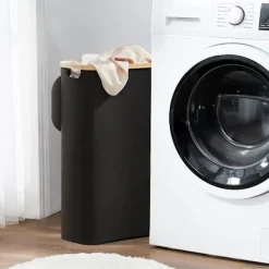 New Tvättkorg med lock 48 liter stor med tvättpåse hopfällbar tvättkorgar med handtag bambu tvättkorg svart