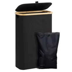 Clearance Tvättkorg med lock 48 liter stor med tvättpåse hopfällbar tvättkorg med handtag bambu tvättkorg svart