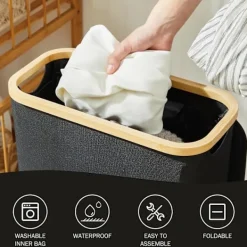 Clearance Tvättkorg med lock 48 liter stor med tvättpåse hopfällbar tvättkorg med handtag bambu tvättkorg svart