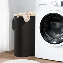 Clearance Tvättkorg med lock 48 liter stor med tvättpåse hopfällbar tvättkorg med handtag bambu tvättkorg svart