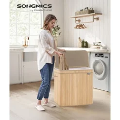 New Songmics Tvättkorg med lock och bärhandtag 150L - Bambu