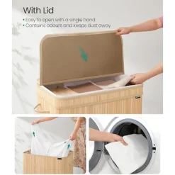 New Songmics Tvättkorg med lock och bärhandtag 150L - Bambu