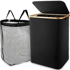 Online Tvättkorg med lock, svart tvättkorg med avtagbar tvättsäck - Tvättsorterare för badrum