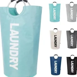 Clearance Tvättkorg med vadderade handtag, vattentät tvättkorg hopfällbar, tvättkorg för badrum, tvättstuga, studentrum ljusblå light blue