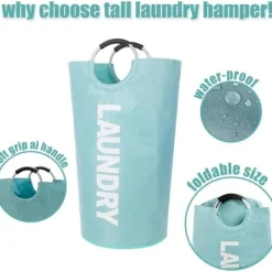 Clearance Tvättkorg med vadderade handtag, vattentät tvättkorg hopfällbar, tvättkorg för badrum, tvättstuga, studentrum ljusblå light blue