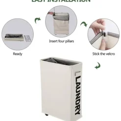 Online Tvättkorg på hjul, hopfällbar, tyg, beige, smal-XS3-