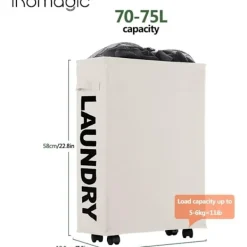 Hot Tvättkorg på hjul, hopfällbar, tyg, beige, smal[CO]