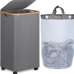 Discount Tvättkorg på hjul 100L – Smal tvättkorg med lock, bambuhandtag & avtagbar säck