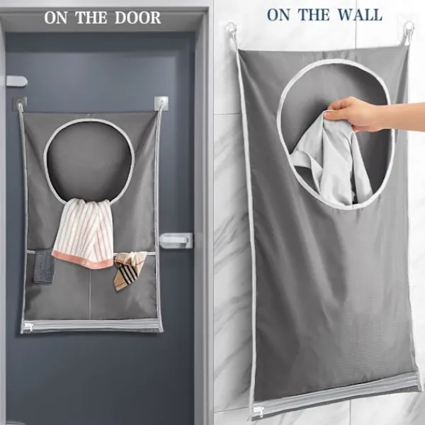 Online Tvättkorgar, Hängande Tvättkorg med Rostfria Krokar & Självhäftande Krokar, för Tvätt/Flytt/Shopping/Förvaring