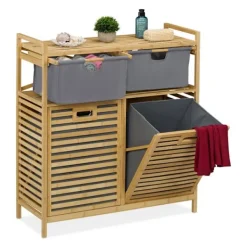 Discount Northix Tvättkorgsställ med 2 tyglådor, bambuhylla