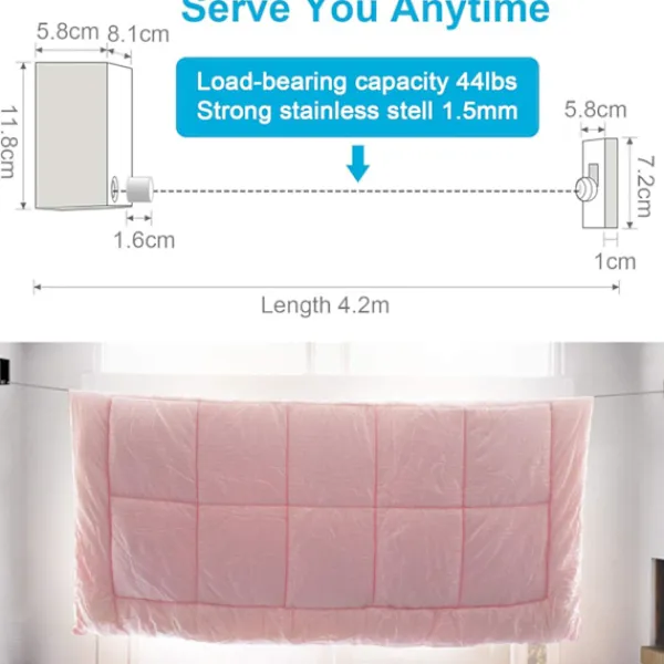 Hot Tvättlina, Retractable Klädtorklina, Rostfritt Stål Utdragbar Tvättlina, Justerbar 4,2M Tvättlina Rep(Svart) Black