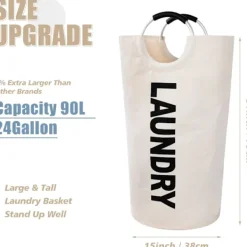 Hot Tvättpåse med vadderade handtag, vattentät tvättkorg hopfällbar, tvättkorg för badrum, tvättstuga, högskola white