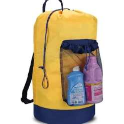 Tvättryggsäck, tvättryggsäck med axelrem och nätficka, slitstark nylonryggsäck för kläder, tvättkorg med dragsko för