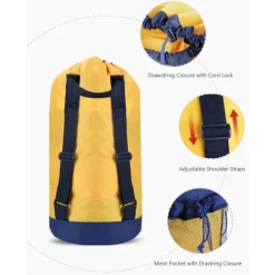 Tvättryggsäck, tvättryggsäck med axelrem och nätficka, slitstark nylonryggsäck för kläder, tvättkorg med dragsko för