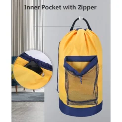 Tvättryggsäck, tvättryggsäck med axelrem och nätficka, slitstark nylonryggsäck för kläder, tvättkorg med dragsko för