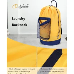Tvättryggsäck, tvättryggsäck med axelrem och nätficka, slitstark nylonryggsäck för kläder, tvättkorg med dragsko för