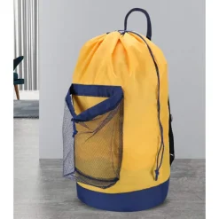 Tvättryggsäck, tvättryggsäck med axelrem och nätficka, slitstark nylonryggsäck för kläder, tvättkorg med dragsko för