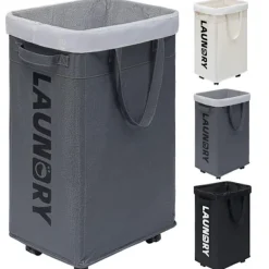 Hot Tvättställ med hjul, 75L hopfällbar stor tvättkorg, tvättvagn med avtagbar tvättsäck för tvättstuga