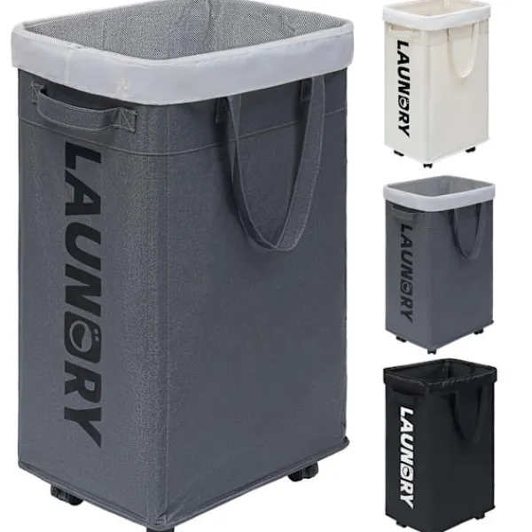 Hot Tvättställ med hjul, 75L hopfällbar stor tvättkorg, tvättvagn med avtagbar tvättsäck för tvättstuga